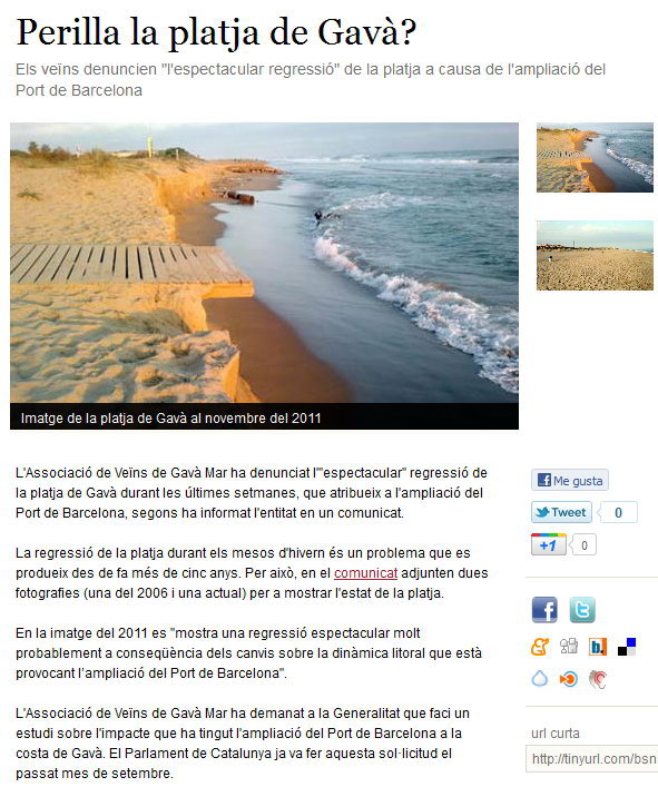 Notcia publicada al diari digital 'E-NOTICIES' sobre la regressi de part de la platja de Gav Mar (7 Desembre 2011)